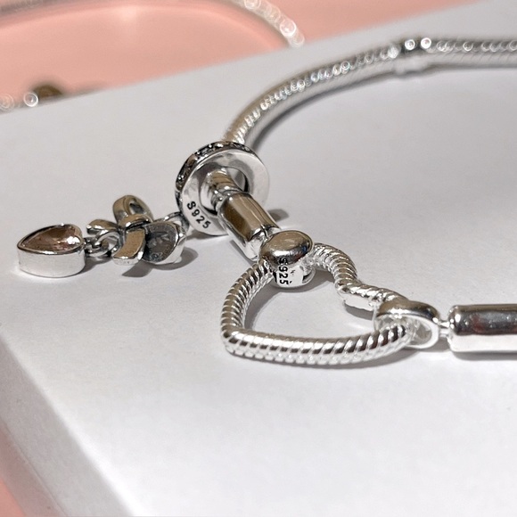 925 Sterling Silver Heart Charm Pink crystal heart silver dangle Bracelet 8 inch - Picture 1 of 4